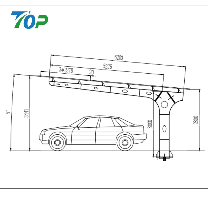 Technical drawing of Y-frame solar carport showing dimensions, structural details, and PV module placement