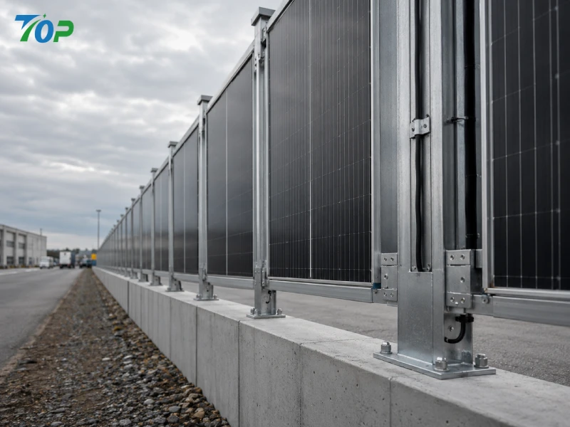 Solar privacy fence structural wind load transfer from panels to foundation base