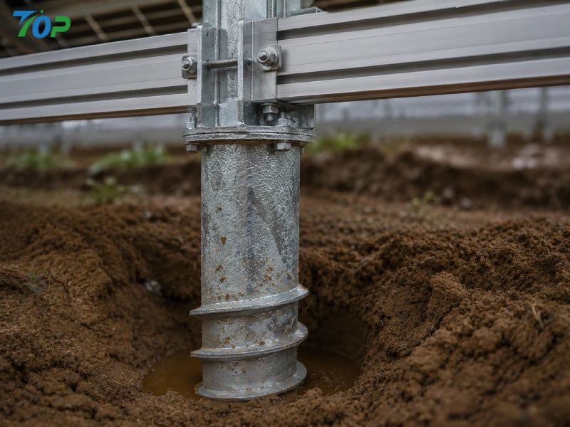 Ground screw foundation installed in moist agricultural soil beneath elevated solar mounting structure