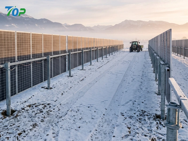 Vertical bifacial agrivoltaic solar installation with winter farmland access corridor